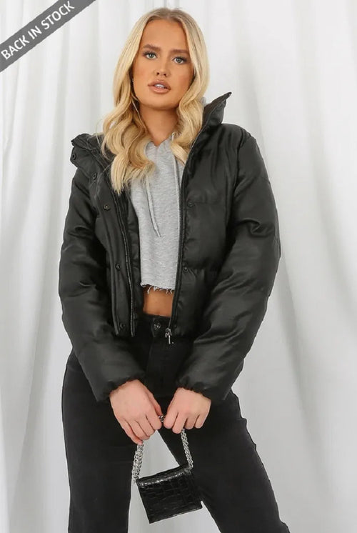 PU Leather Cropped Puffer Coat